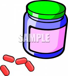 Clipart Image Of Red Pills Outside A Purple Pill Bottle