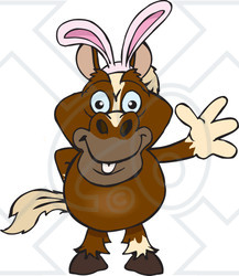 Clipart Of A Friendly Waving Brown Horse Wearing Easter Bunny Ears