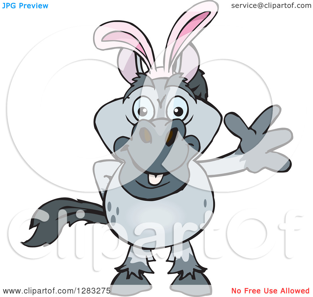 Clipart Of A Friendly Waving Gray Horse Wearing Easter Bunny Ears