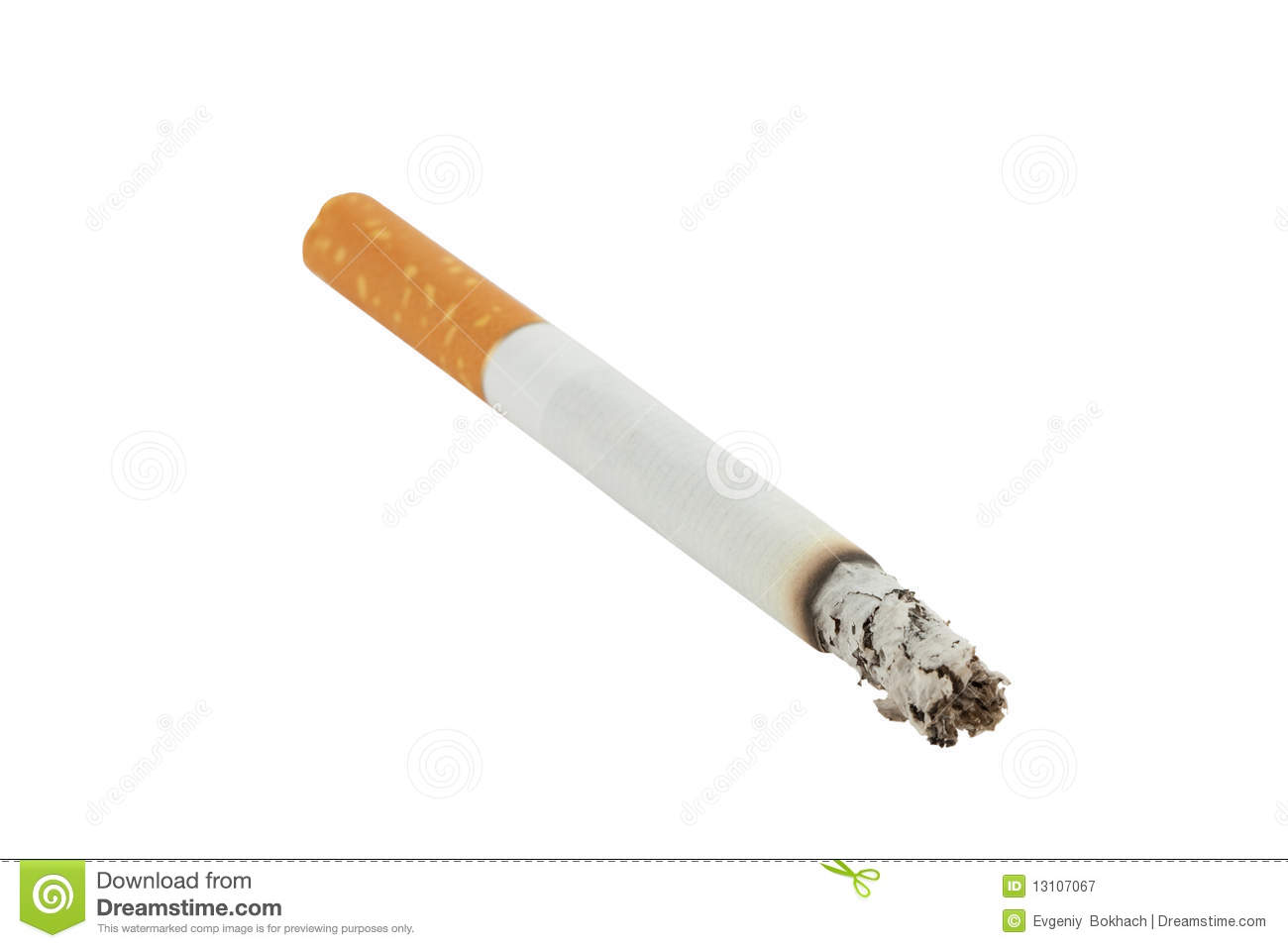 Closeup Of Lit Cigarette With Ash Isolated On White Background