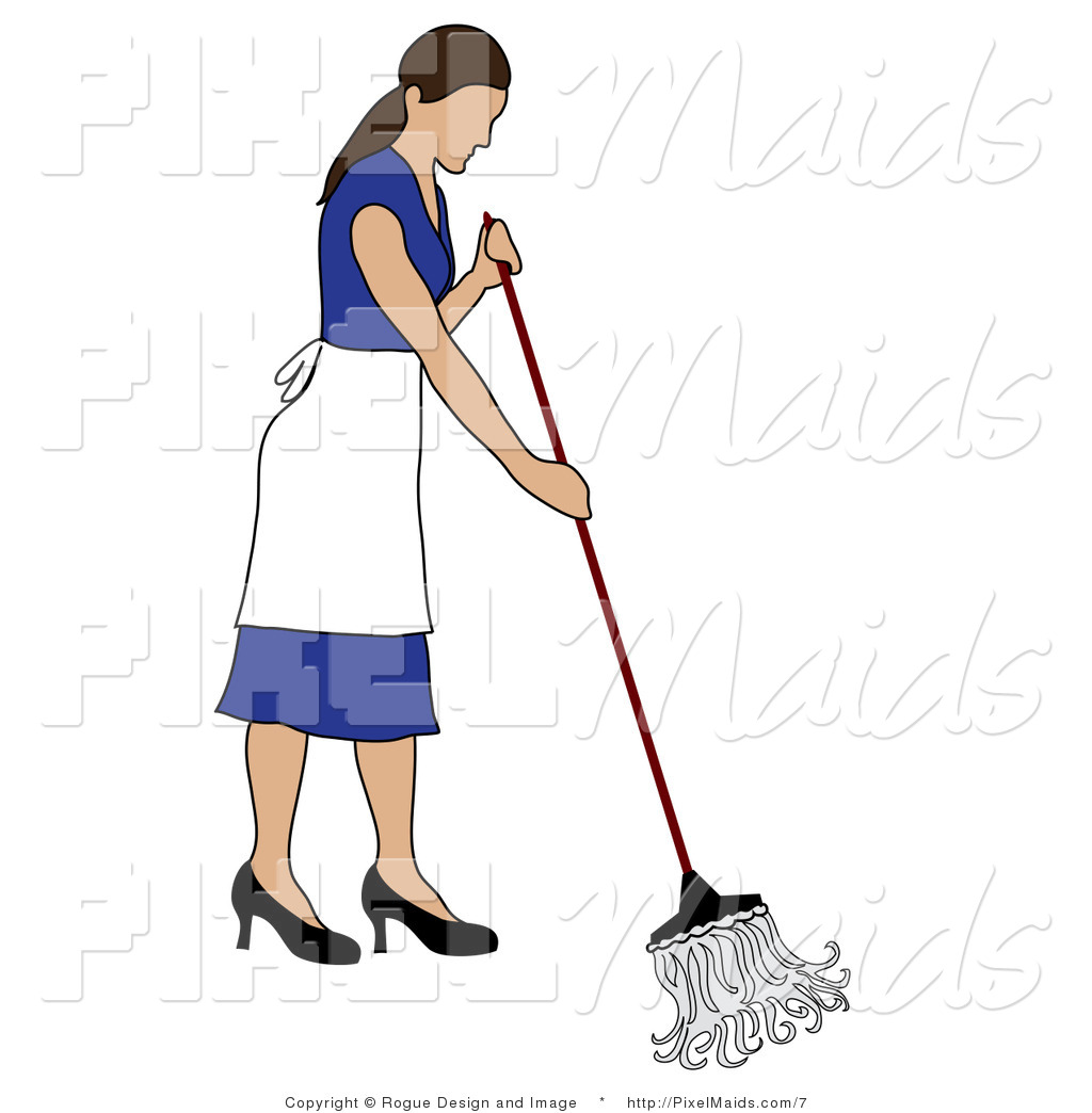 Preview  Vector Clipart Of A Brunette Maid Mopping By Pams Clipart