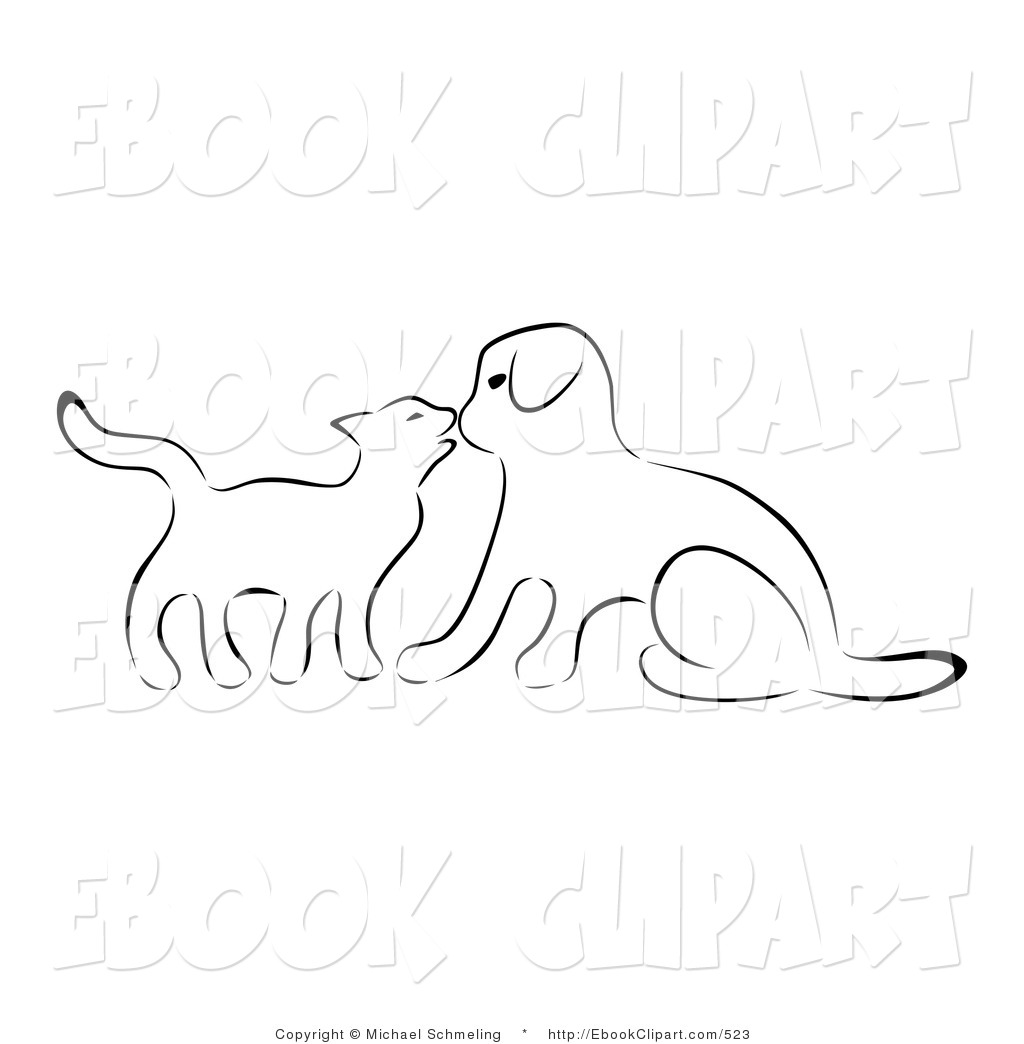 Sketch Outline Of A Cat Kissing A Dog On The Nose By Michael Schmeling