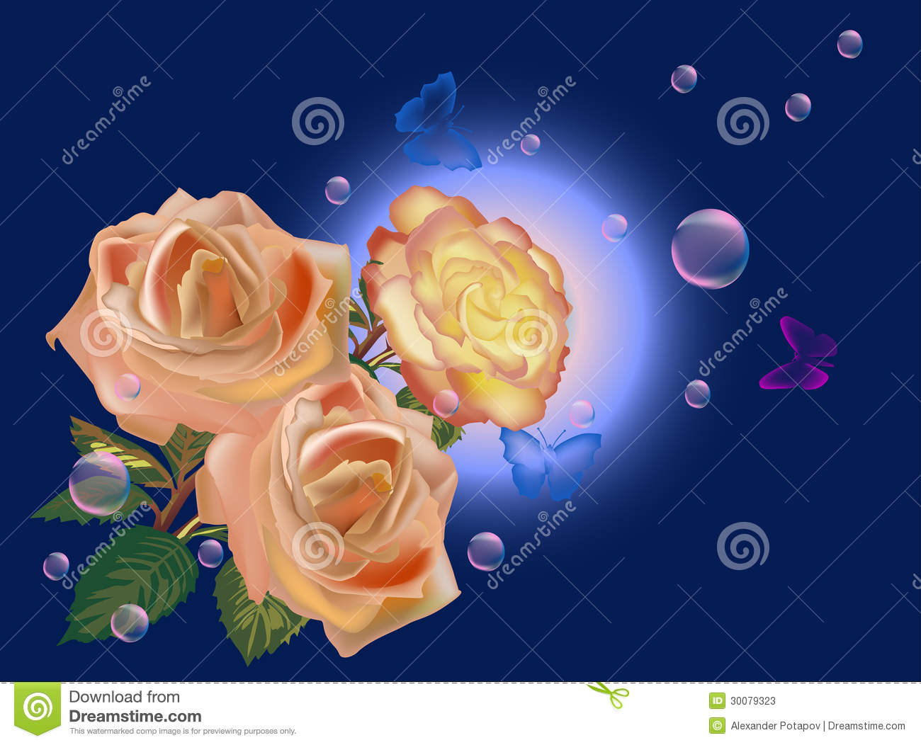 Three Light Rose Flowers On Blue Stock Photos   Image  30079323