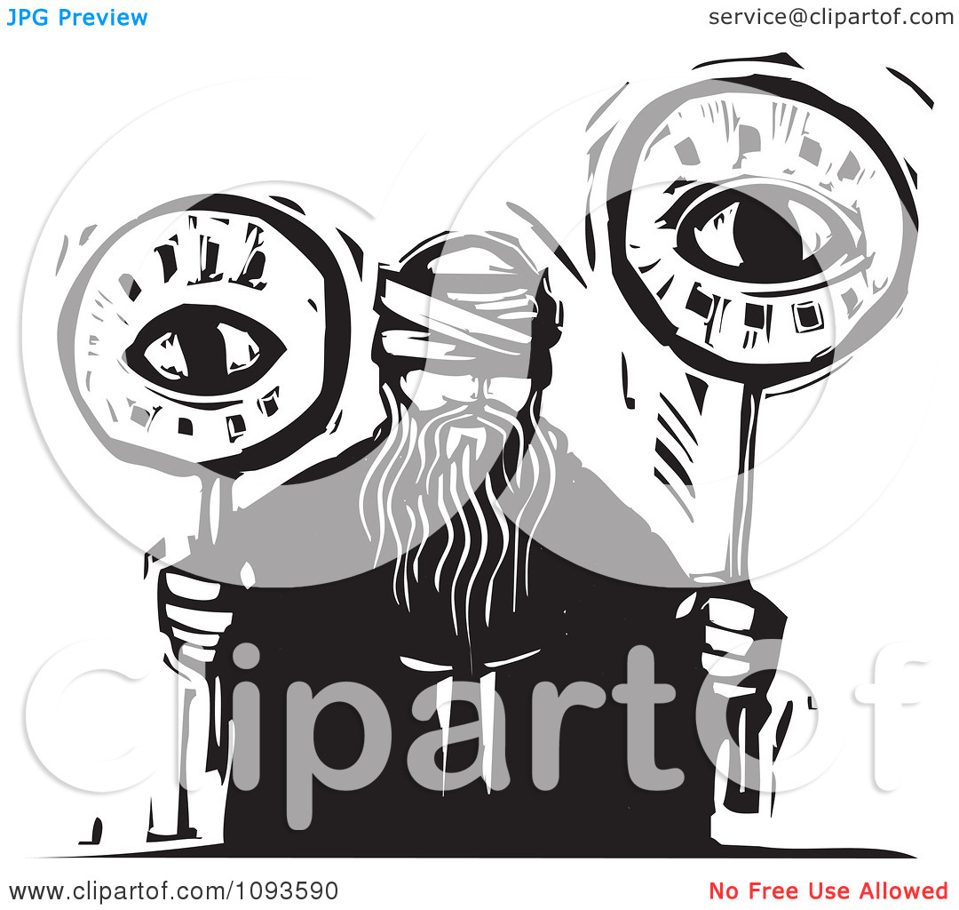 Clipart Blind Man Holding Two Eyes On Sticks Black And White Woodcut    
