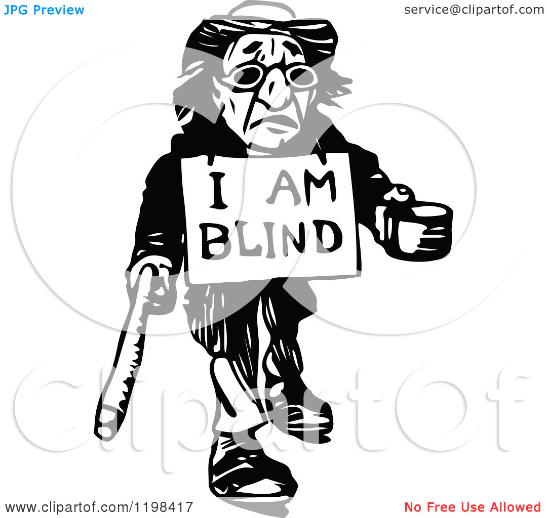 Clipart Of A Black And White Vintage Blind Man Begging   Royalty Free    