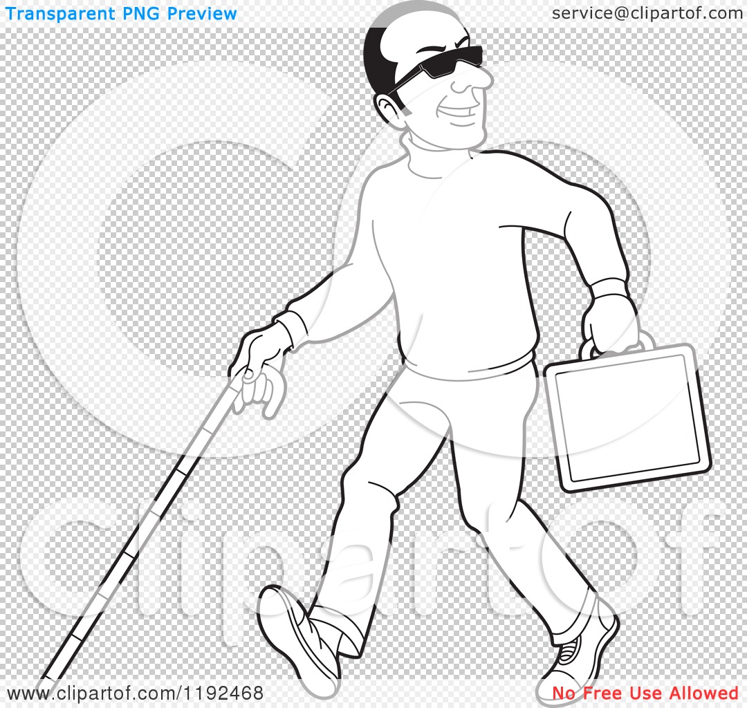Clipart Of A Happy Black And White Blind Man With A Cane And Briefcase    