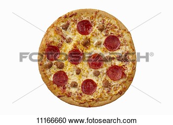 Of Whole Pepperoni And Sausage Pizza On A White Background  From Above