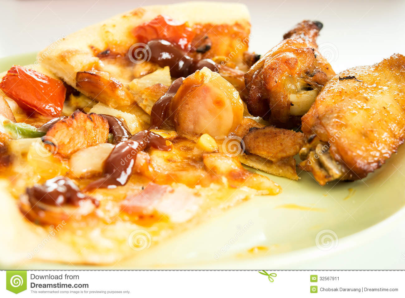 Sausage Pizza With Grill Chicken At Lunch Time 