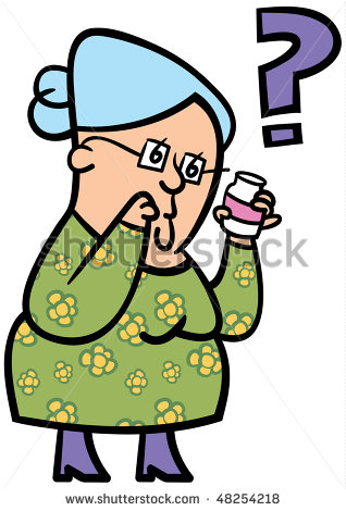 Cartoon Of An Elderly Lady Confused About Her Medication   Stock