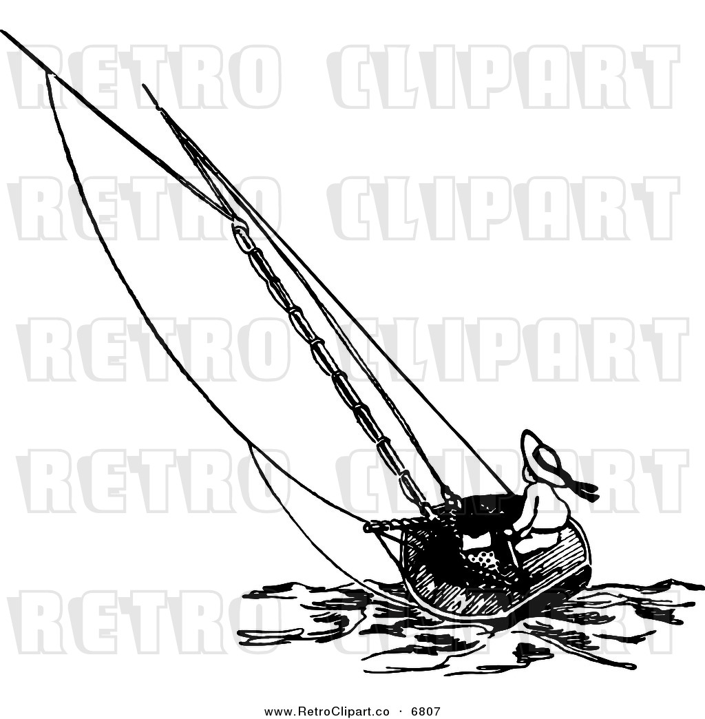 Larger Preview  Vector Clipart Of A Retro Black And White Boy Sailing
