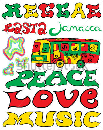Reggae Rasta Jamaica Peace Love Music Lettering And Hippie Bus    