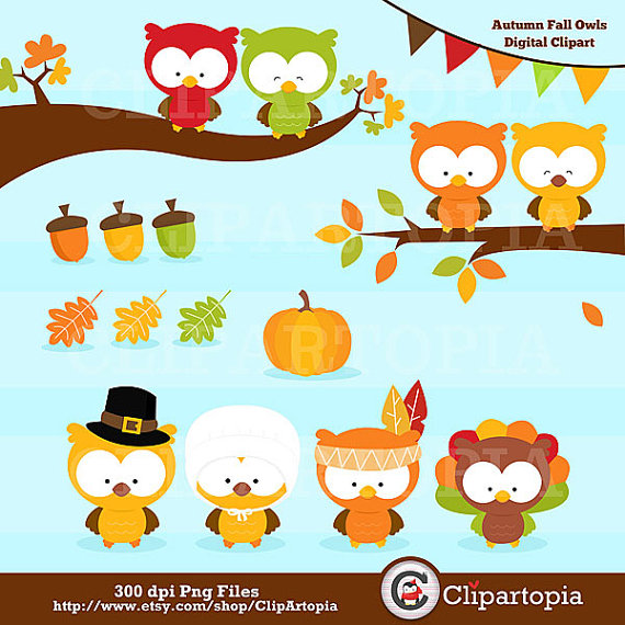 Fall Owls Digital Clipart   Thanksgiving Owl Clip Art   Owls Clipart