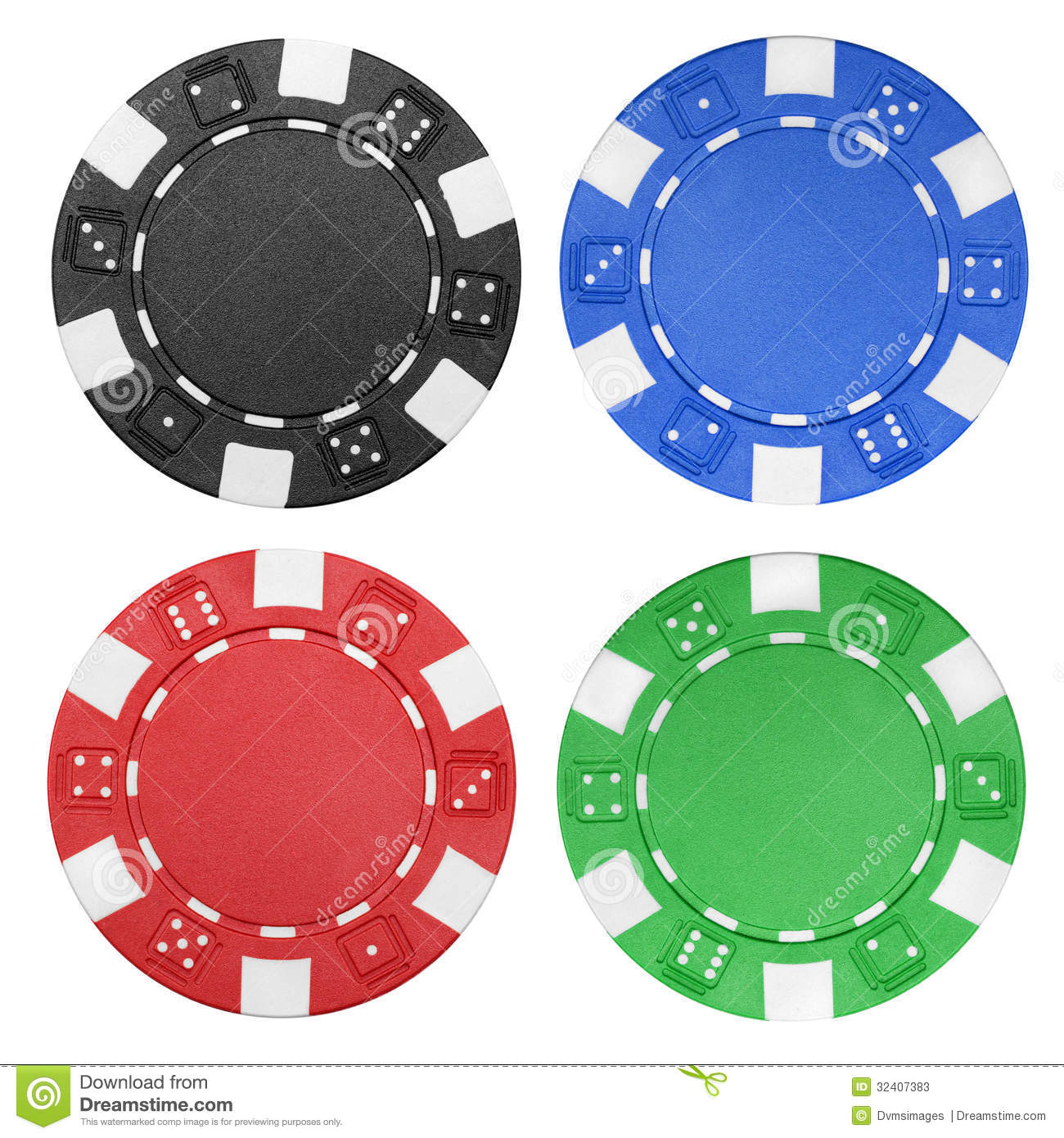 Four Different Casino Chips Isolated On A White Background
