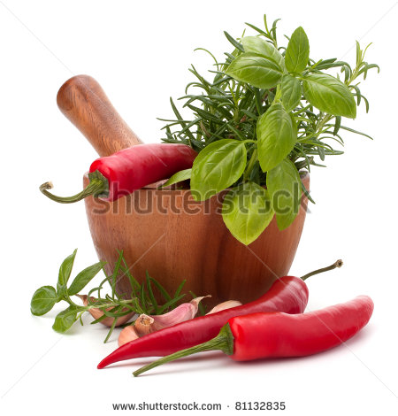 Fresh Flavoring Herbs And Spices In Wooden Mortar Isolated On White