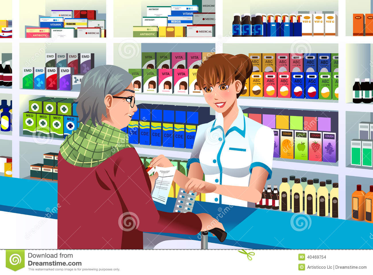Illustration Of Pharmacist Helping An Elderly Person In The Pharmacy