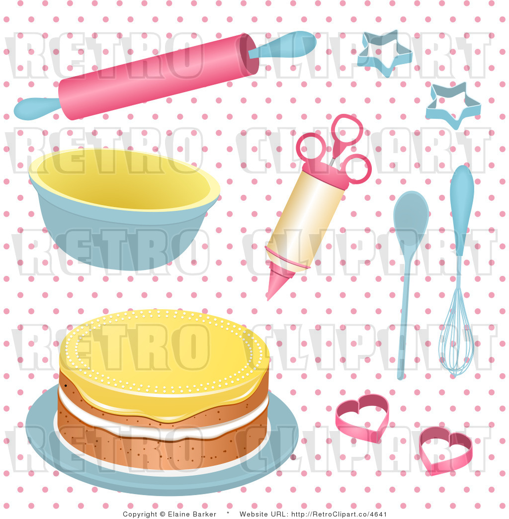 Royalty Free Retro Vector Clipart Of 3d Baking Utensils And Cake On