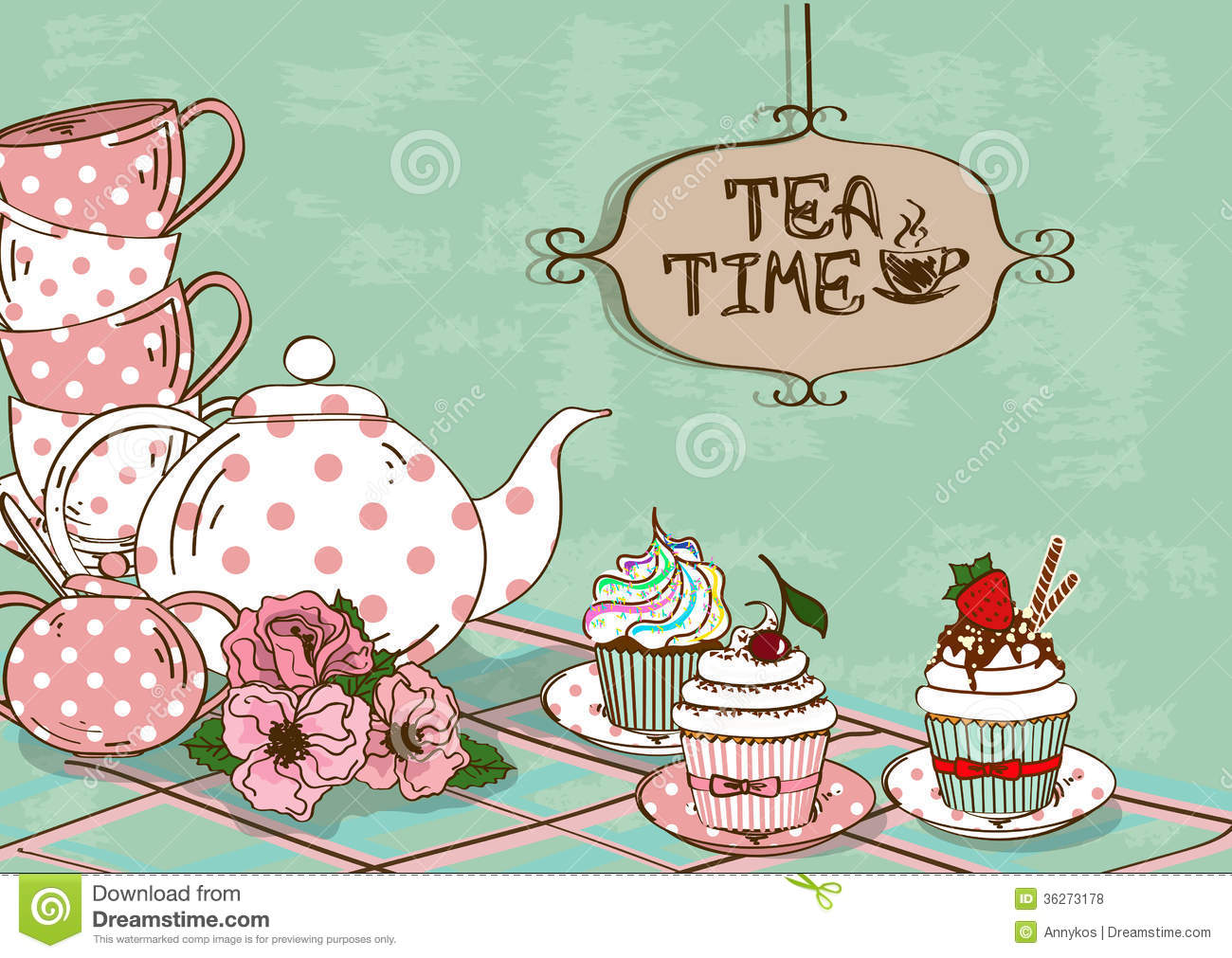 Stock Photos  Illustration With Still Life Of Tea Set And Cupcakes