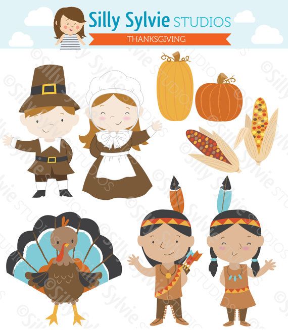 Thanksgiving Clip Art  Pilgrims Turkey Native American Indians Corn    