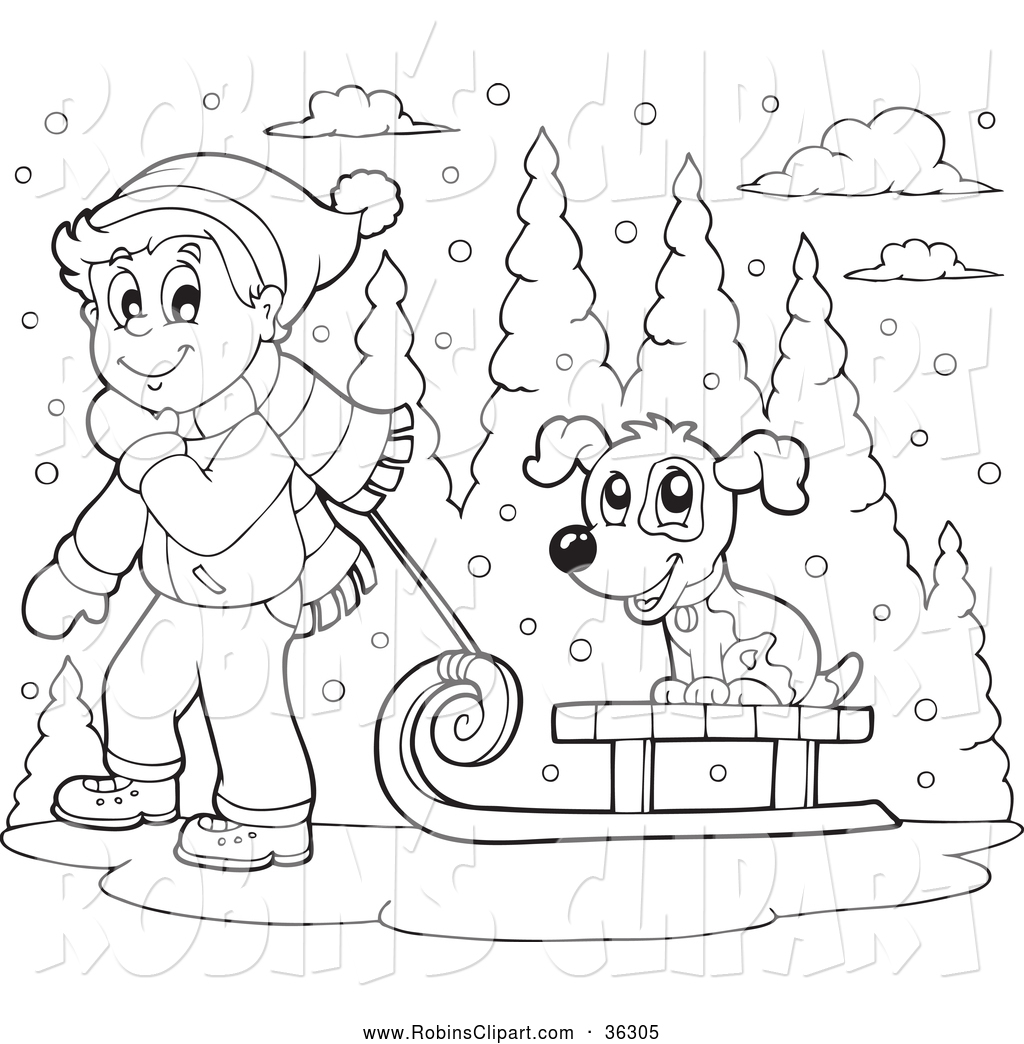 Clip Art Of A Black And White Boy Pulling A Dog On A Sled Through The