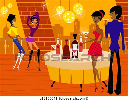 Clipart Of Couple Holding Glasses Of Wine With Two Women Dancing In A