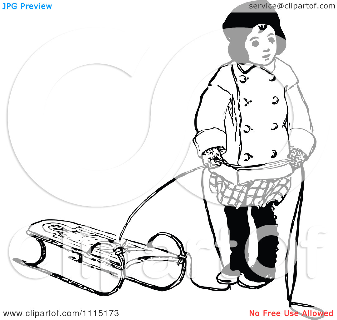 Clipart Vintage Black And White Girl With A Sled   Royalty Free Vector