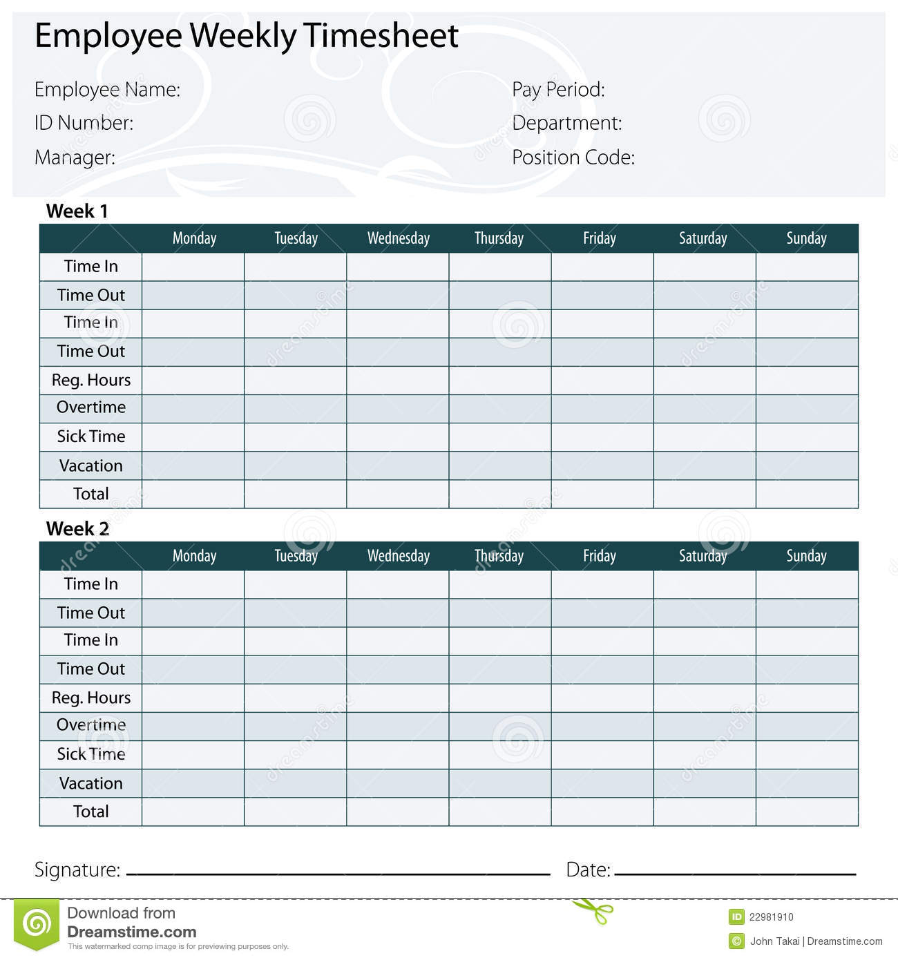 Employee Timesheet Template Stock Photo   Image  22981910