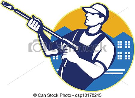 Illustration Of A Worker With Water Blaster Pressure Power Washing