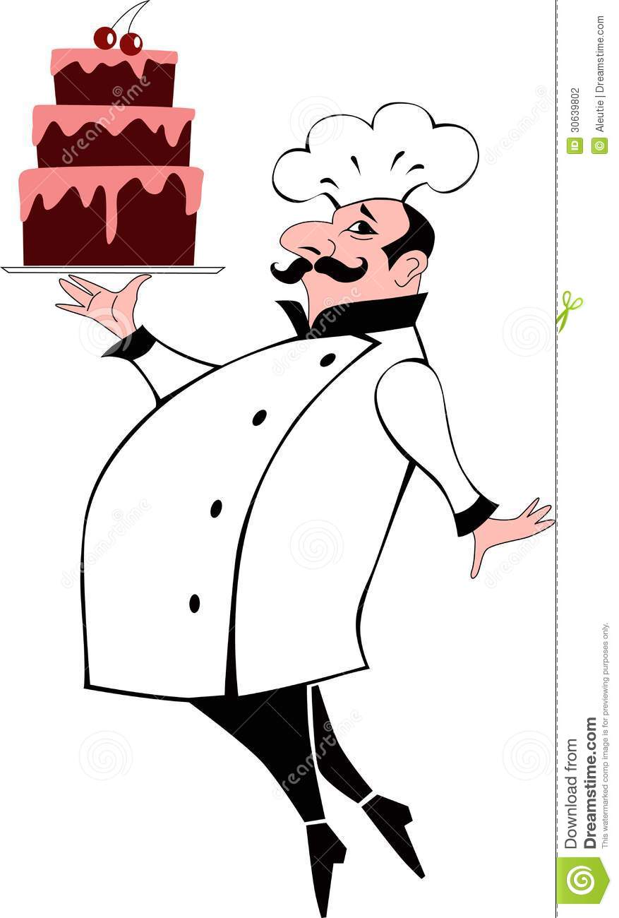 Pastry Chef In Uniform And With Mustache Carrying A Chocolate Layered