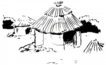 Black And White Image Of A Grass Hut With A Thatched Roof   Royalty