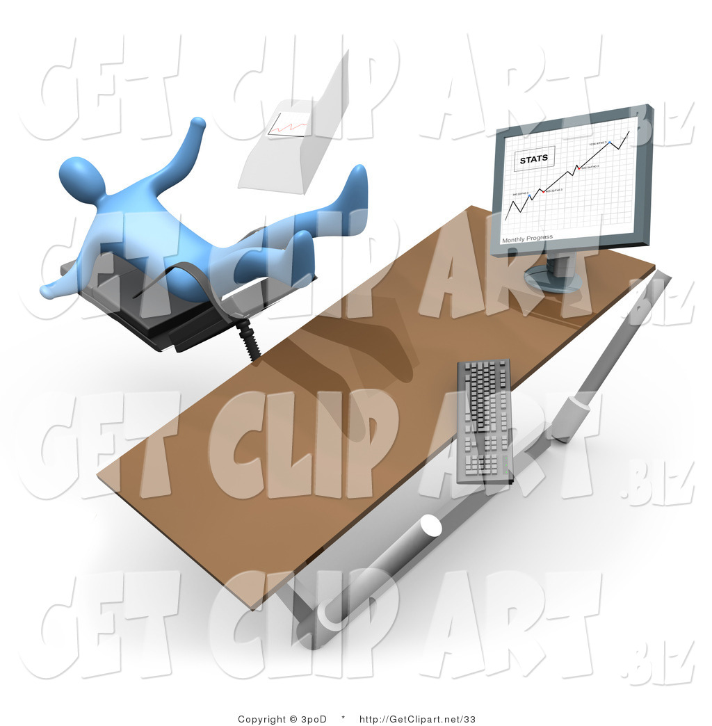 3d Clip Art Of A Blue Business Person Knocking His Computer Off