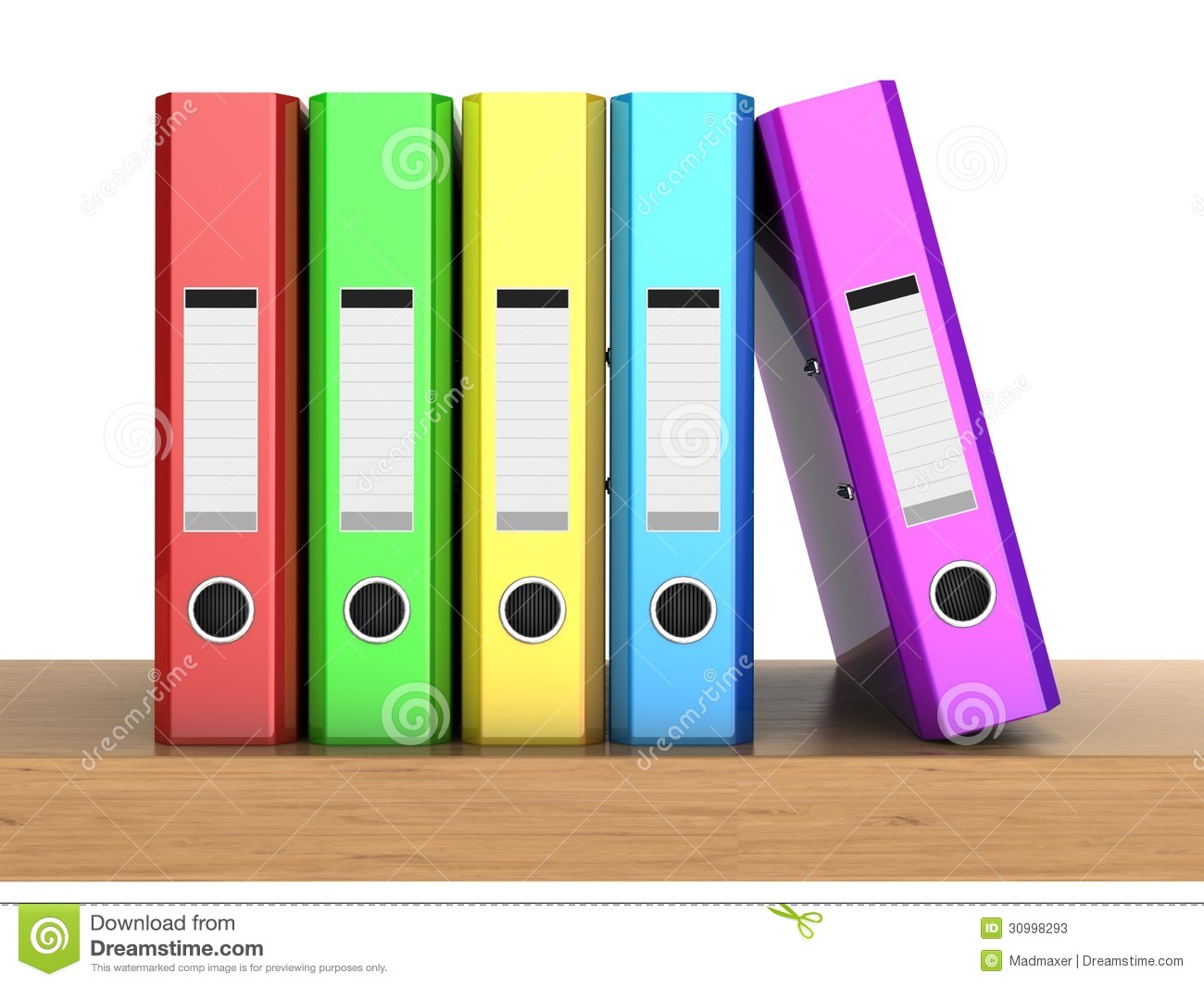 3d Clipart The Multicolored Five Folders In Row On The Wooden Shelf
