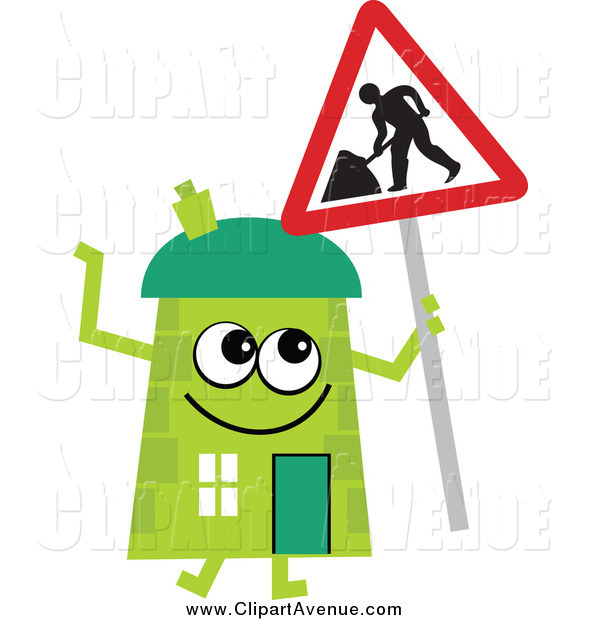 Avenue Clipart Of A Green House Character With A Road Work Sign By    