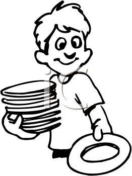     Black And White Cartoon Of A Boy Helping With The Dishes Clipart Image