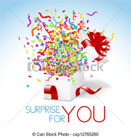 Box With Red Ribbon And Colorful Confetti And Swirls  Surprise For You