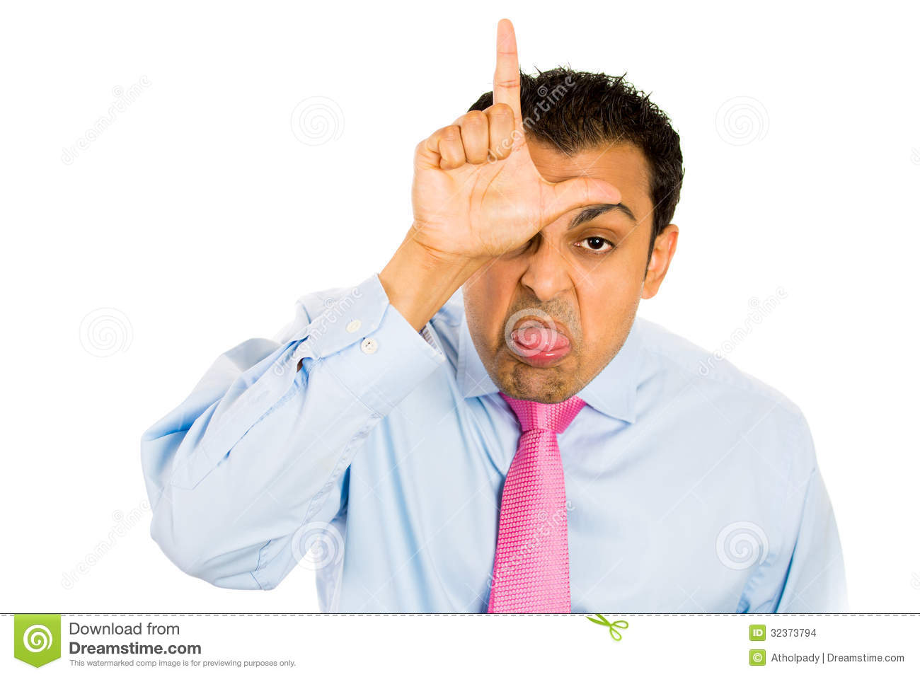 Closeup Portrait Of Funny Man Displaying A Loser Sign On His Forehead
