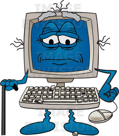 Old Desktop Computer Cartoon Character With Keys Falling Off Of The