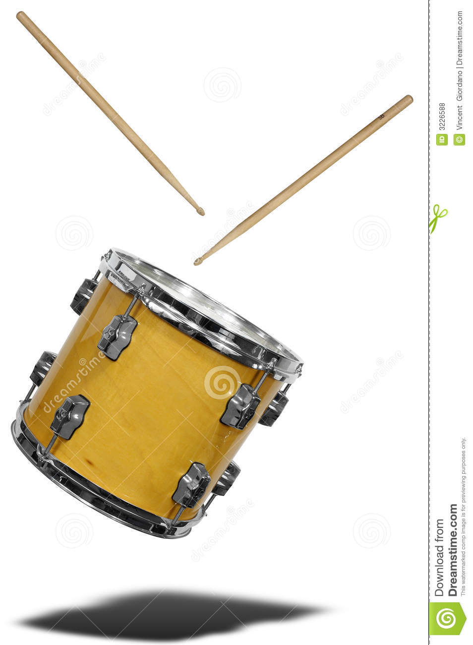 View Of A Snare Drum Floating With Drum Sticks Isolated Over White