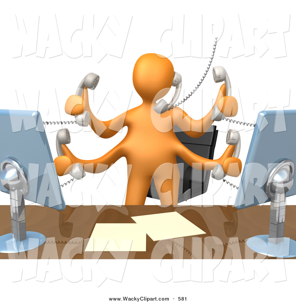 Clipart Of A Busy Orange Employee Man Standing In Front Of Their Desk