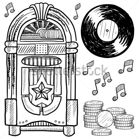 Doodle Jukebox Retr  De Estilo Com Disco De Vinil Moedas E Notas