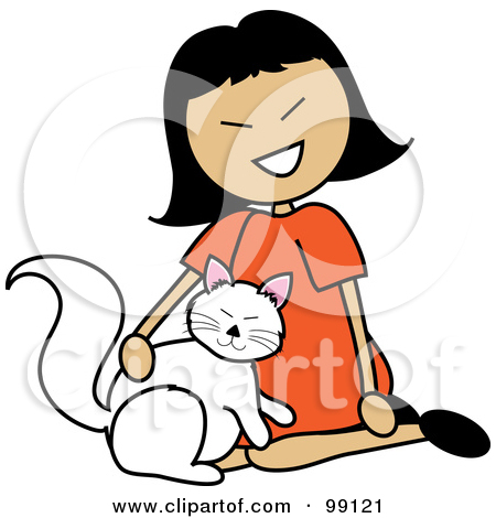 Free  Rf  Clipart Illustration Of An Asian Stick Girl Petting A Cat
