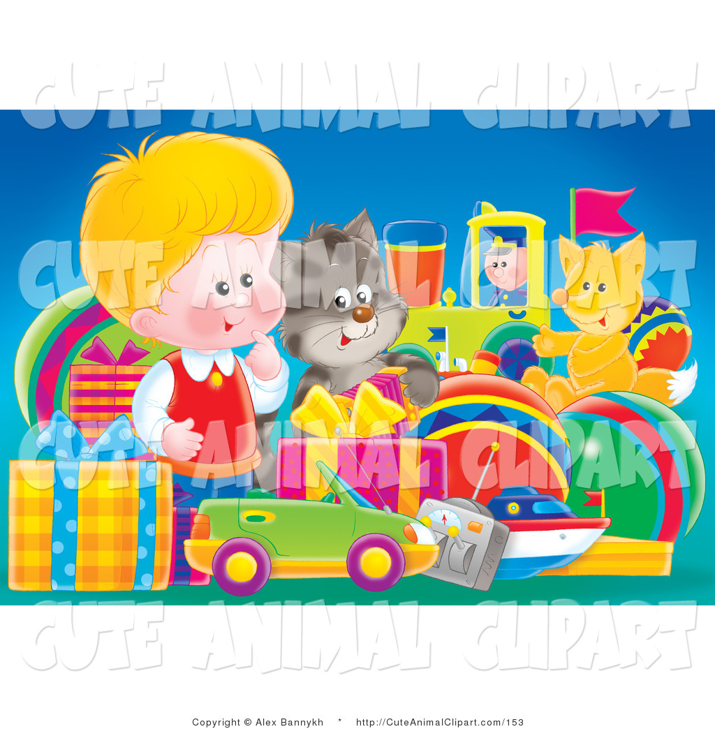     Art Of A Cute Little Blond Child Cat And Fox Admiring Large Clipart