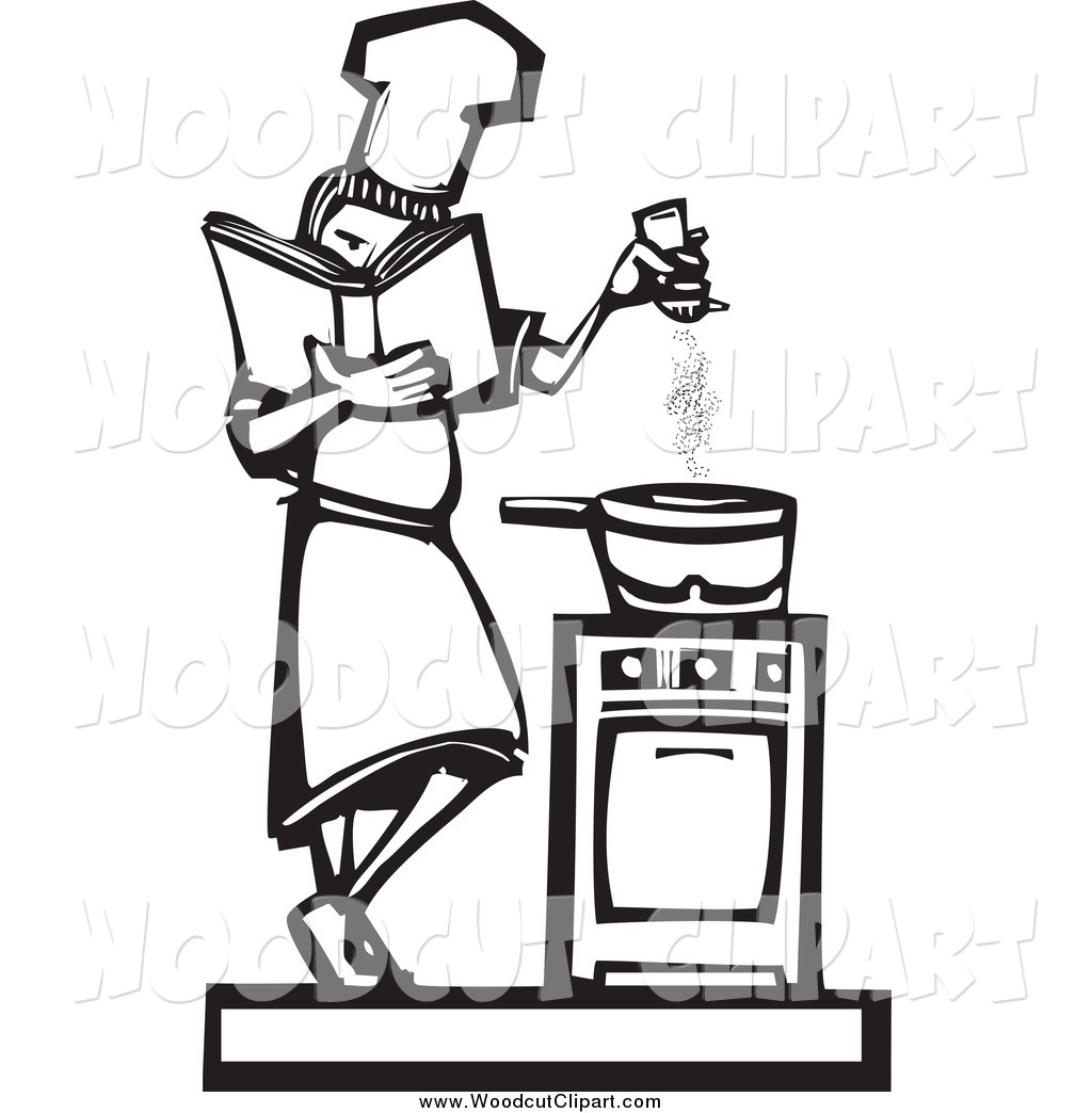     Clip Art Of A Black And White Woodcut Girl Baking And Seasoning Food
