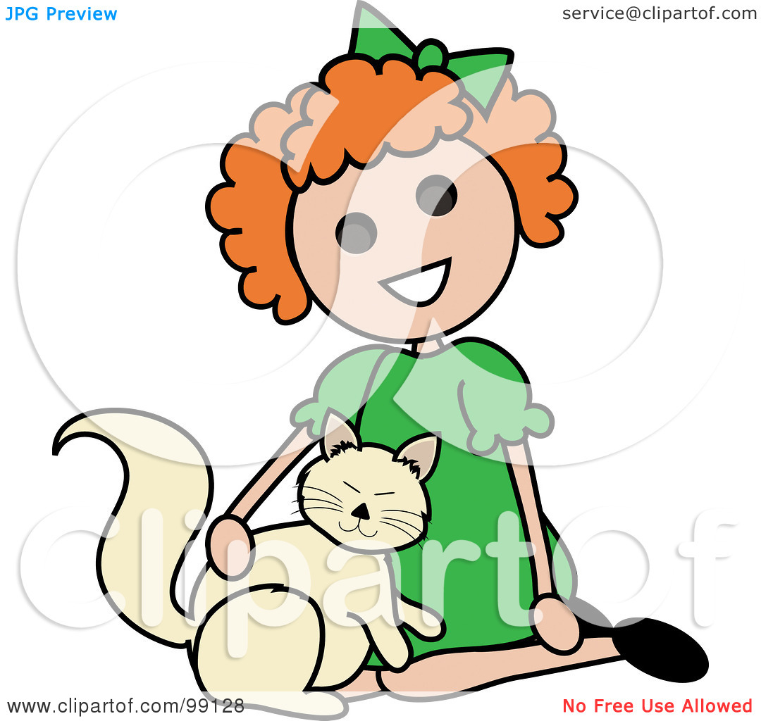 Clipart Illustration Of A Red Haired Stick Girl Petting A Cat By Pams