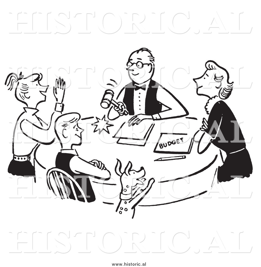 Clipart Of A Happy Family Discussing Budget   Black And White Drawing    
