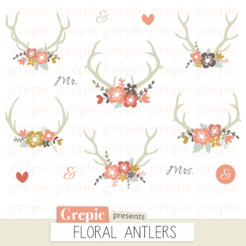 Floral Antlers  Rustic Wedding Clipart Antler Clip Art Floral