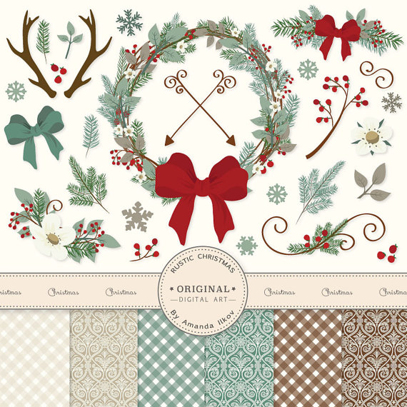 Pine Wreath Clipart Christmas Clipart Antlers Clip Art Snowflakes