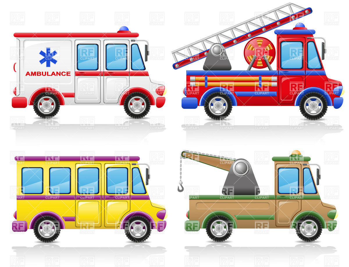 Service Vehicles Icons   Ambulance Minibus Fire Escape And Wrecker