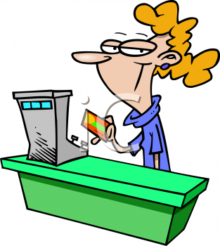      1003 1003 0864 Sneaky Sales Clerk Running A Credit Card Clipart