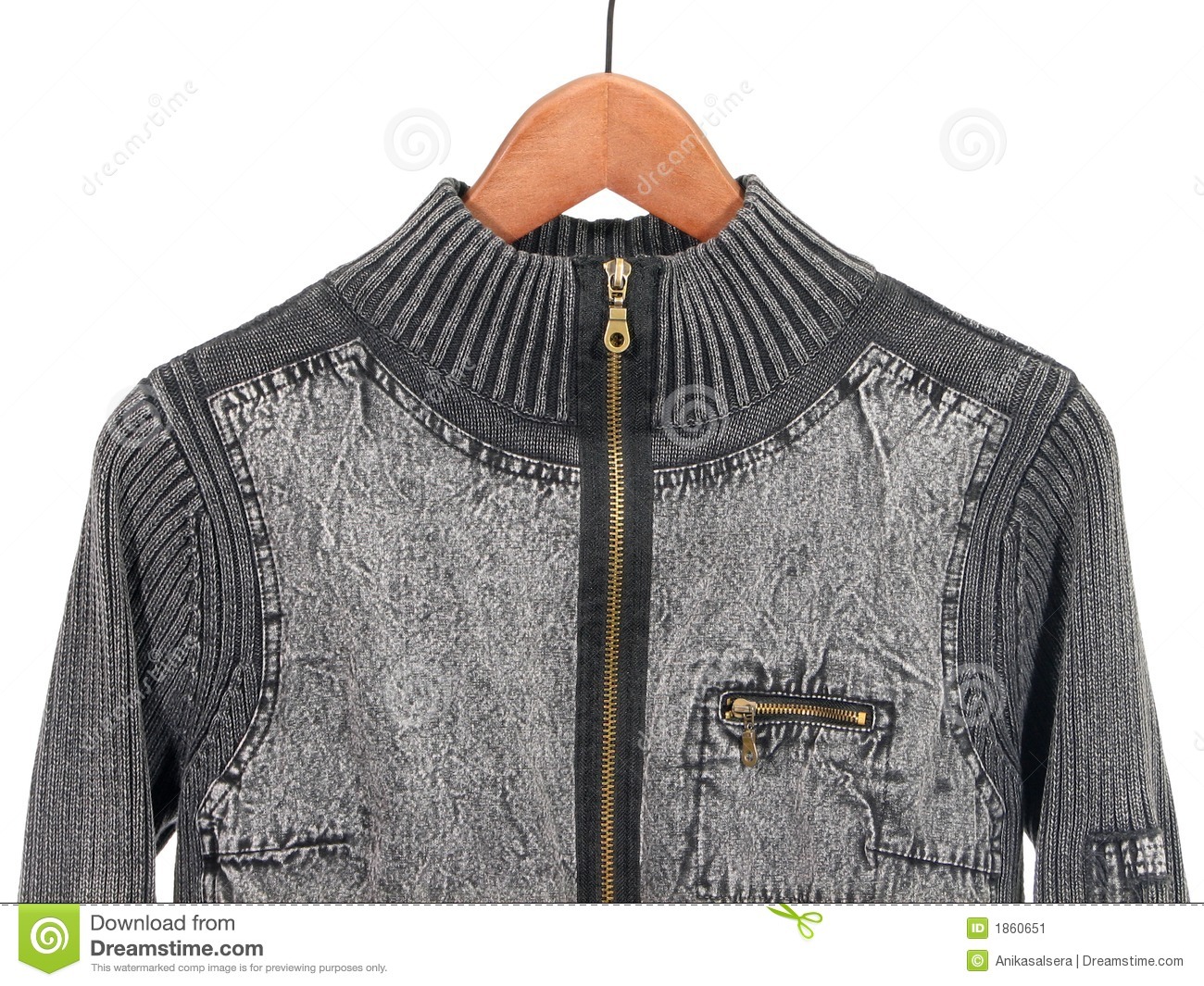 Closeup Of A Grey Denim Jacket With Zippers Isolated On White