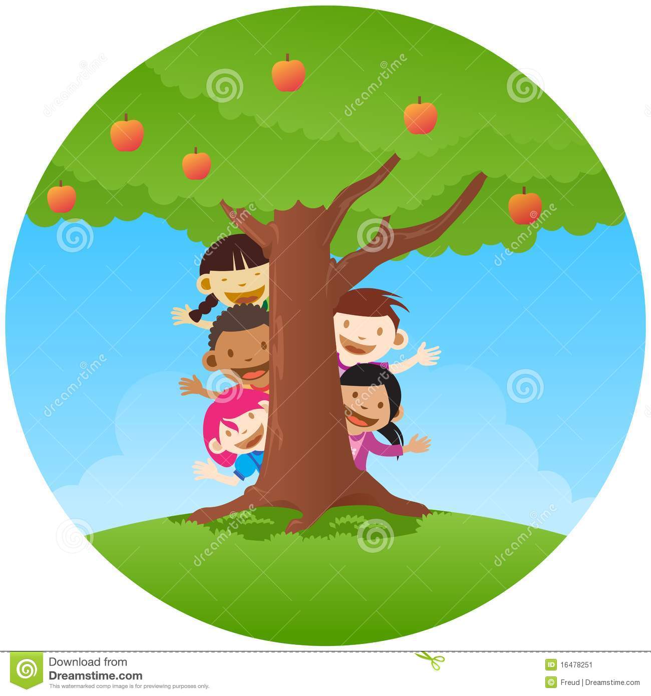 Kids Playing Peekaboo Hiding On Big Apple Tree Mr No Pr 3 1177 8